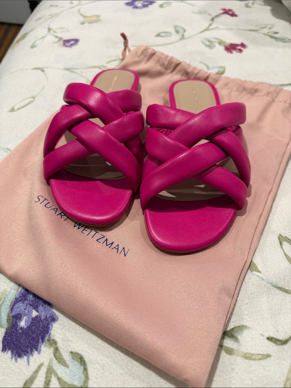 Stuart Weitzman Bright Fuchsia Braided Leather Slide Sandals
